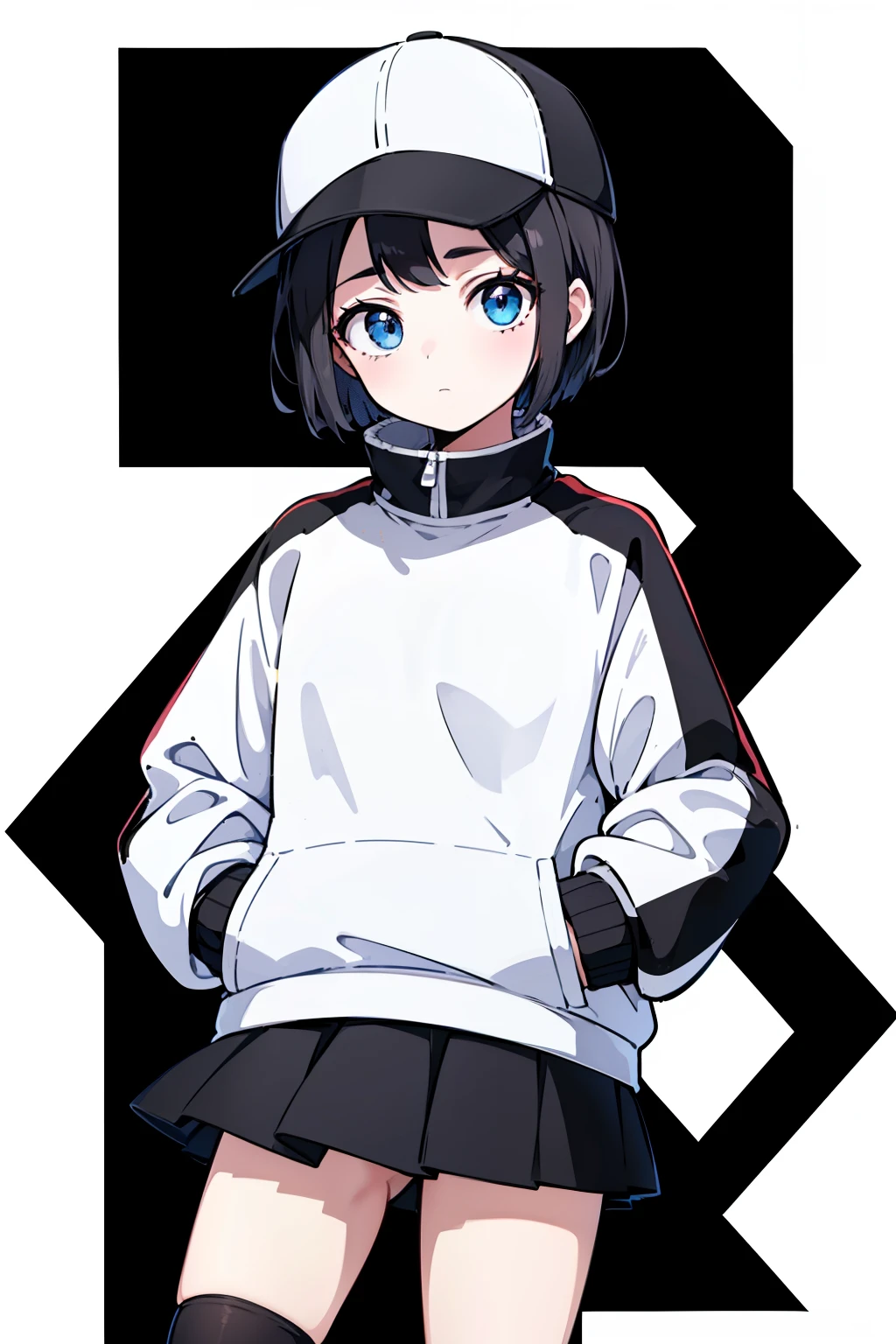 1girl, solo, blue eyes, (detailed eyes), flat chest, ((short hair)), black hair, (baseball hat), white cap, (waterproof jacket), (white jacket), skirt, black skirt, black socks, standing, (hands in pockets), ((Closed sweater)), upper body, (white background), Transparent background, looking at viewe, ((masterpiece, illustration, best quality)) 