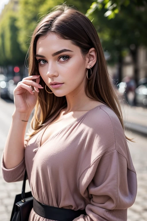 Belle fille, Marron_eyeeautiful mince adolescente de 18 ans, cheveux color [Brown highlights cheveux], [Pixie undercut] cheveux)), boucles d’oreilles, lèvres, Réaliste, taille étroite, charmant, pink lèvrestick, maquillage coloré, Cils longs, boucles d’oreilles, porter de l’eye-liner, peau claire, (mignon), (face détaillée), Yeux détaillés, Iris détaillé, corp magnifique, à Paris, Portez des vêtements élégants, Elle tenait un sac à main à la main