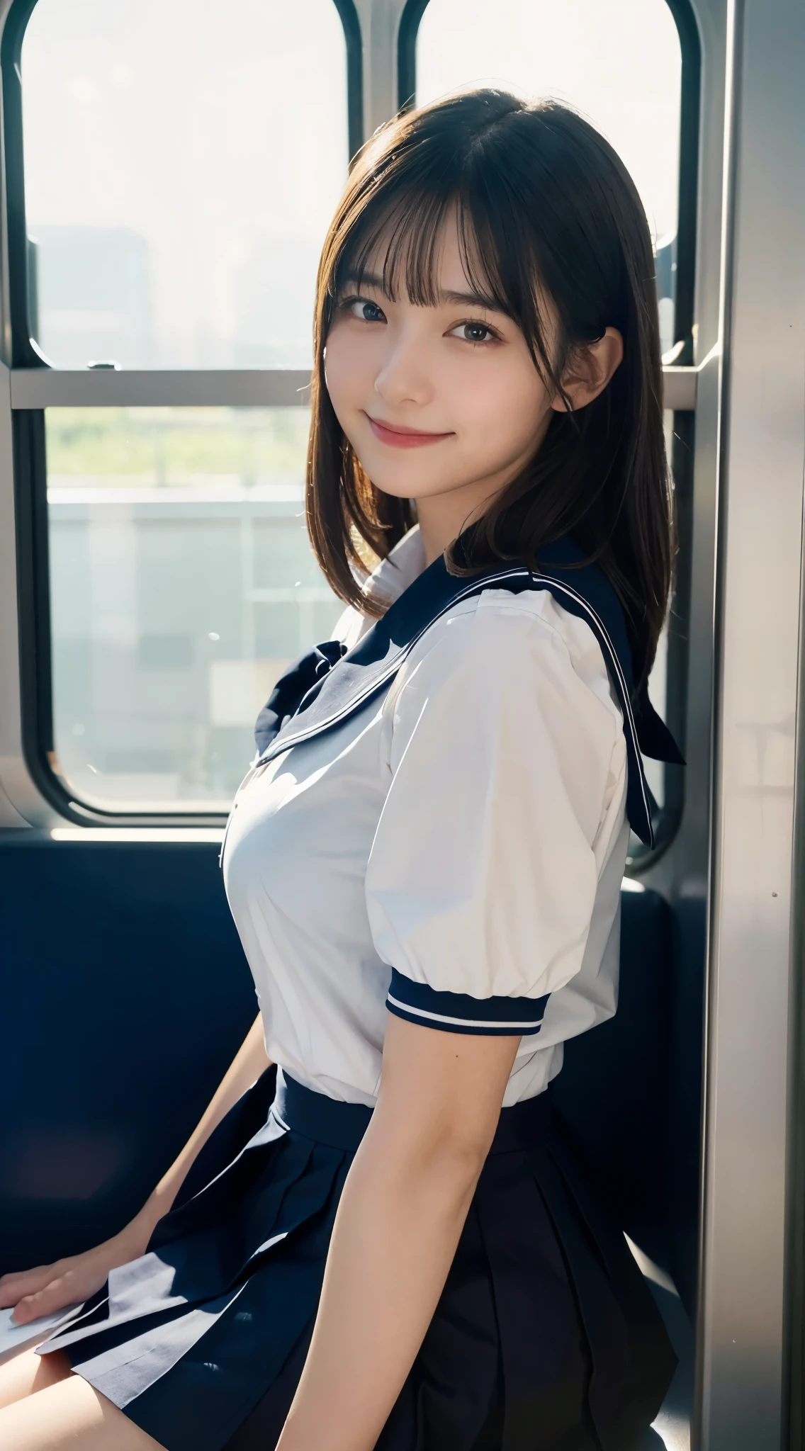 (highest quality,masterpiece:1.3,ultra high resolution),(Super detailed,caustics,8k),(photorealistic:1.4,RAW shooting,detailed face),(A girl illuminated by the light from the window),(girl holding on to a strap),18-year-old,cute,black short bob,A kind smile,(on the train),(Are standing),stare at the camera,School Sailor Uniform,big boobs,shot from the waist up,side shot,Natural light,