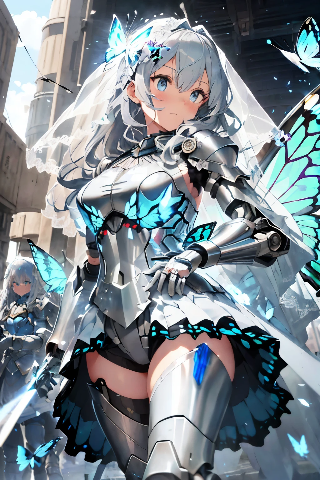 (gray hair:1.2),(light blue eyes:1.3),(long hair with a lot of hair:1.2),(Fluffy curly hair:1.2),(With bangs),blush,(white armored suit:1.35),(Feminized armored suit:1.4),(Smooth body lines:1.3),(My chest is sticking out:1.25),(the whole body is covered with machines:1.3),(mechanical arm with wide cuffs:1.4),(Wires are coming out from everywhere),(Oversized launchers and rifles:1.35),(Running dashingly across the battlefield:1.2),(Fighting lightly with a weapon:1.25),(transparent butterfly wings:1.35),(angel ring:1.2),(wedding veil fluttering in the wind:1.3),