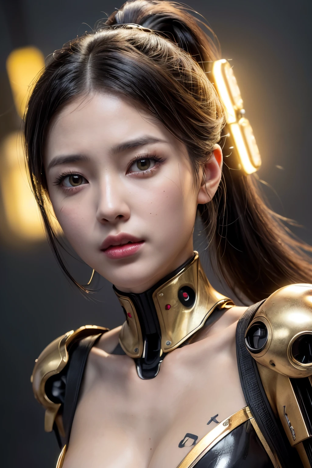 ((hyperrealistic, photorealistic, 8k, intricate detailasterpieceest quality, (Portrait:1.3), full body, dynamic angle, ultra-detailed, a hot geisha, hyper detailed, top quality resolution)),

(Robot girl, fleshy lips, silky skin, cyborechanical limbs, wearing vulgar yellow armor, visible nipples, visible pussy, cyborg hands, cyborg legs, hybrid of girl and machine, neck mechanisms, mechanical diva, divine circuits, ex-machina goddess, Hand mechanisms, black ponytail hair, android, yellow pupils, gorgeous beautiful face, yellow orbs lighting power, light yellow neon cloud)