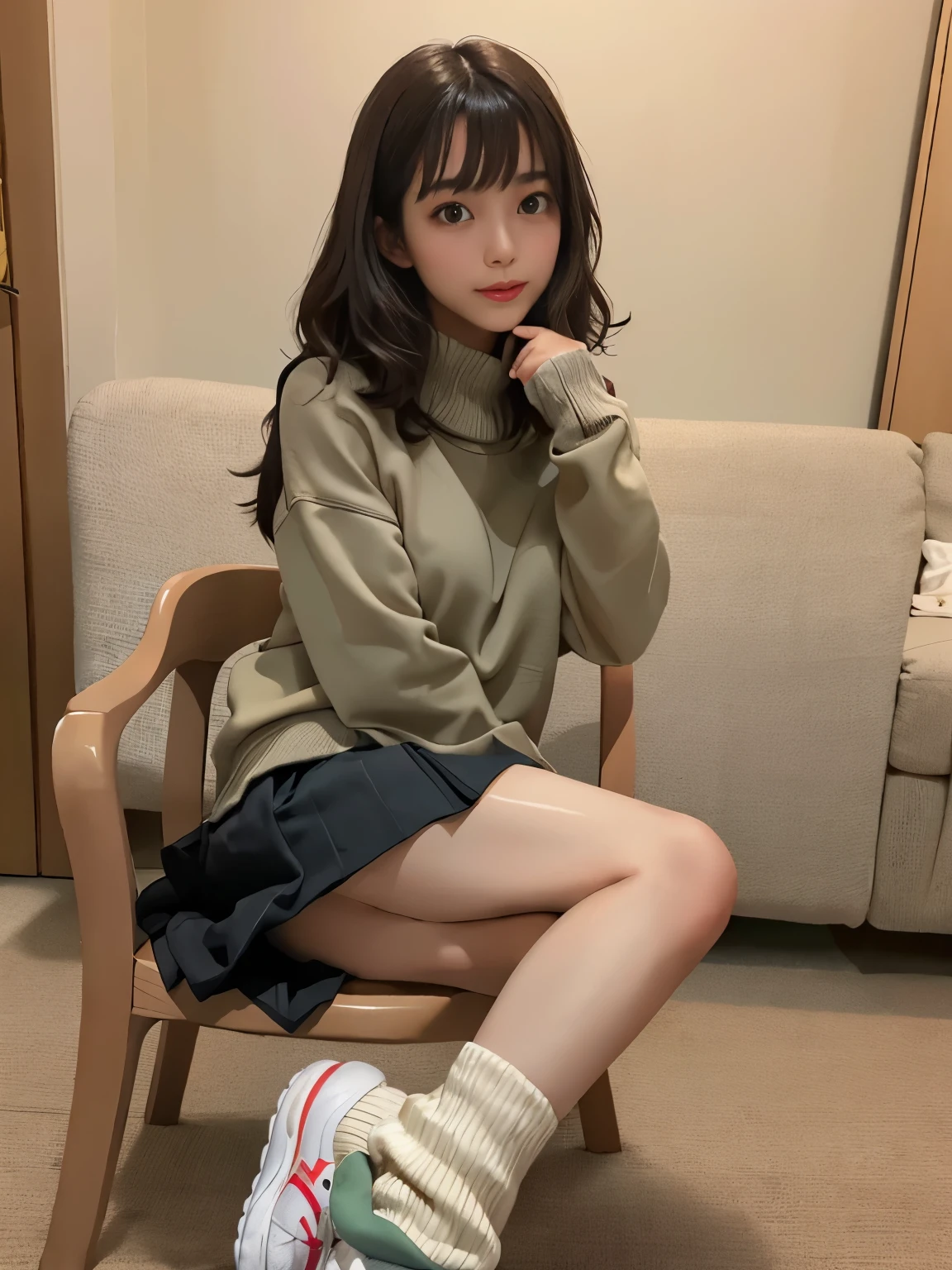 (highest quality, masterpiece), shiny body,  shiny skin,
an image of a girl wearing sweater sitting on a chair,  (wearing loose socks, dark green, gray, camel), skirt, 1 girl, lower body, sneakers, alone, sitting, skirt,  carpet,loose socks, pile up socks,
