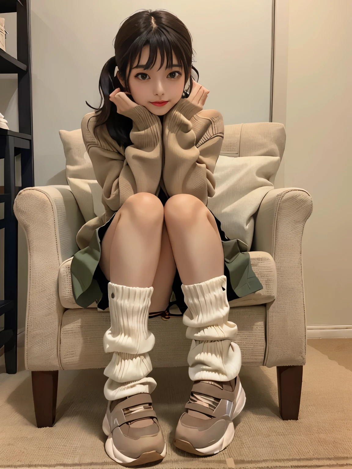 (highest quality, masterpiece), shiny body, shiny skin,
an image of a girl wearing sweater sitting on a chair, (wearing loose socks, dark green, gray, camel), skirt, 1 girl, lower body, sneakers, alone, sitting, skirt, carpet,loose socks, pile up socks,