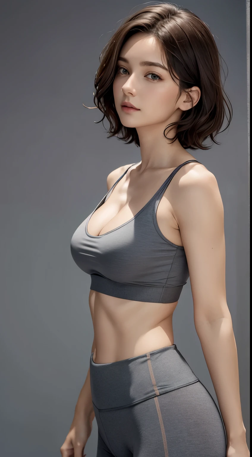 Looking at Viewer, cinematic lighting, Perfect fit, soft light, High resolution skin:1.2, realistic skin texture, body tired from sports、30 years old mature woman、small face、no makeup、Makeup is light、short cut hair、dark brown hair、Bust B Cup、small breasts same、 Revealed cleavage、off shoulder、sports bra、leggings、full nude、gray background