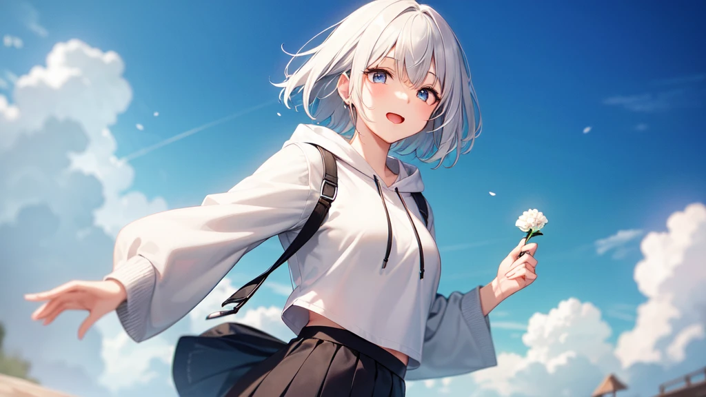 super high quality, with a girl, 20-year-old, とてもshort hair, long bangs between the eyes, pale blue eyes , blue sky, sunlight, very detailed,(masterpiece、highest quality)、alone、gray hair、laughter、White skin as clear as snow、fantasy, silver hair, black eye, beautiful eyes,, ecstasy, charm, be smitten with audience, short hair、fantasyな風景、white hoodie、Hoodie with open front、black shirt、black skirt