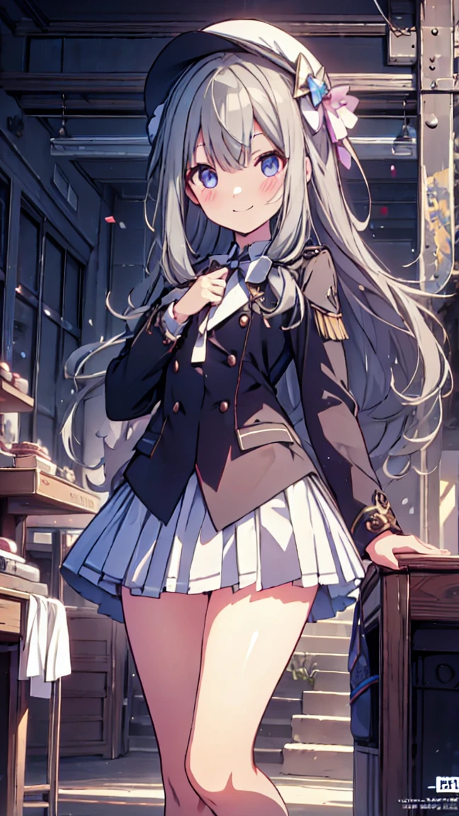 best quality, ultra detailed, absurdres, HDR, 1 loli、♡、Thighs、surprised smile、uniform、In town、slender body、petite