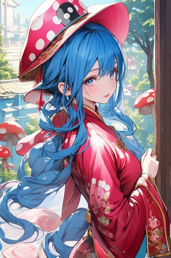 masterpiece,best quality,1 girl, blue hair, pink eyes, wears mushroom hat, chinese clothes, floral, Gorgeous palaces, resplendent