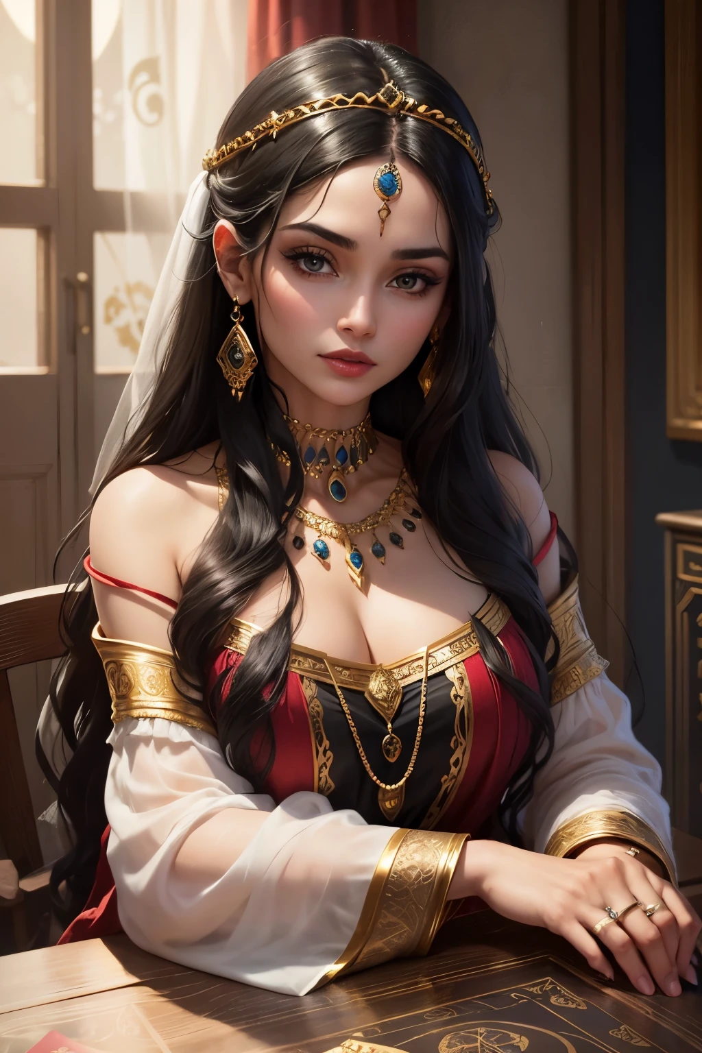 a beautiful princess wearing a red sharara, long wavy black hair, visible sweaty armpits, glistening body sweat, big breasts, detailed facial features, beautiful detailed eyes, beautiful detailed lips, extremely detailed eyes and face, long eyelashes, portrait, (best quality,4k,8k,highres,masterpiece:1.2),ultra-detailed,(realistic,photorealistic,photo-realistic:1.37),dramatic lighting, warm color tones, vibrant colors