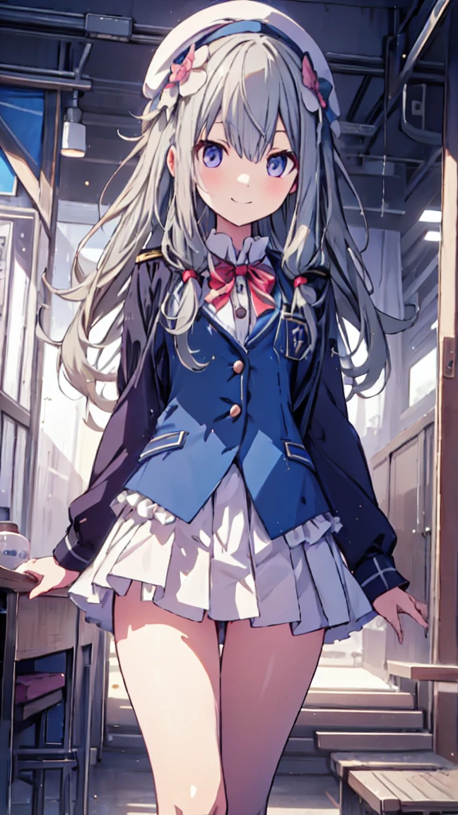 best quality, ultra detailed, absurdres, HDR, 1 、♡、Thighs、surprised smile、uniform、In town、slender body、petite
