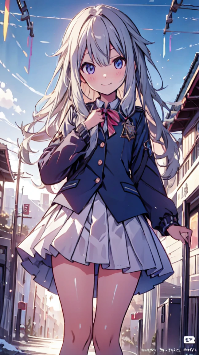 best quality, ultra detailed, absurdres, HDR, 1 loli、♡、Thighs、surprised smile、uniform、In town、slender body、petite