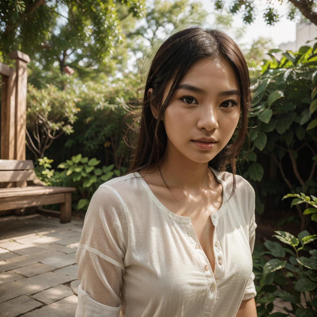 (best quality,highres,ultra-detailed),female asian model,beautiful, face photo, soft and glowing skin,natural outdoor setting,artistic portrait,subtle vibrant colors,subtle bokeh effect