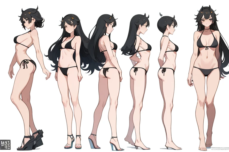 2girls, street snap, summer, (((Best Quality))) , ((full body)), female, multiple views, ((white background)), black bikini, micro bikini ,variety of hairstyles, seductive pose, various angles, bare shoulders, bare legs, flat chest, large breast, pose sheet, standing, dynamic pose, Kantai Collection Style,