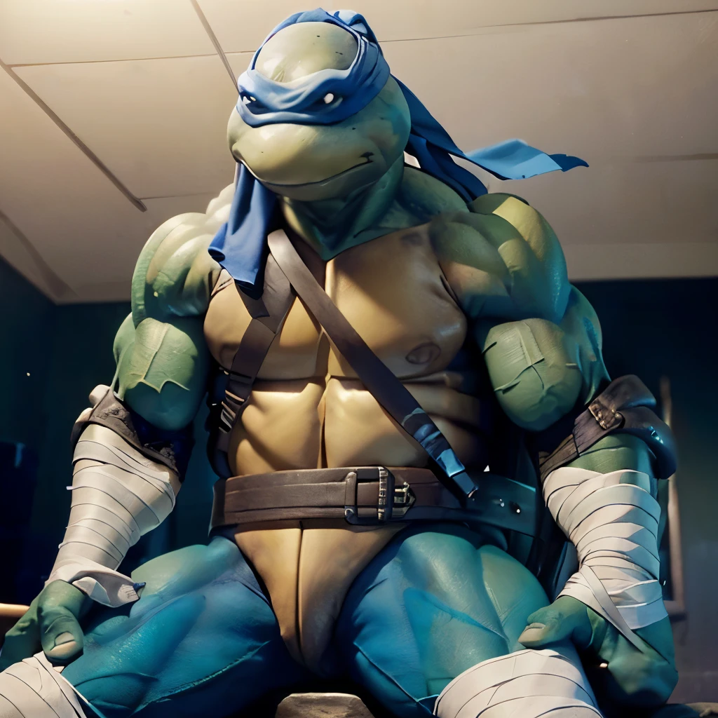 Masterpiece, ultra detailed, best quality, 4k, intrincated textures, !(Leonardo is a green mutant turtle, with a blue eye mask that covers part of his face. His distinctive weapons are two ninjatos, which are short straight-edged swords, which he usually carries in his shell. Leonardo has an athletic and muscular physique, and usually dresses with a blue headband, bandages on his hands and feet, and a belt with an L on the buckle. Leonardo has expressive blue eyes)