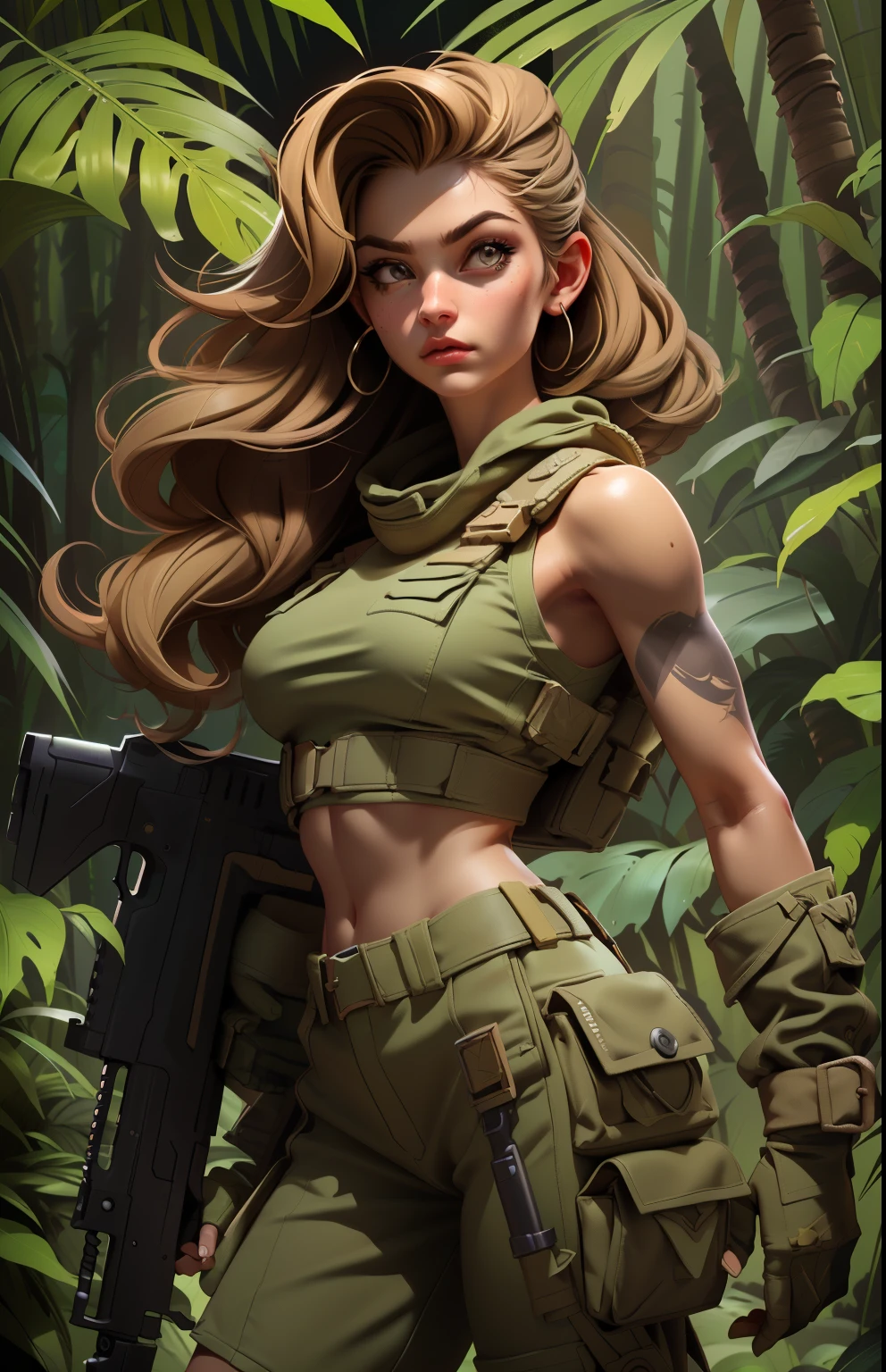 Gorgeous and fearless female soldier, fit body, military croptop, bare shoulders, dark blond hair, tattoo arm, holding big gun, running, jungle background, full detail face,  killing eyes, high detail, realistic, photo quality, high quality,  (photorealistic:1.6), highly detailed, masterpiece, High-quality shadow, bright jungle, forest