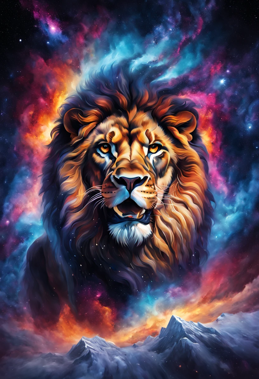 Hyper-realistic portrait of a powerful mystical lion dramatically emerging from a collision of galaxies. Your eyes are made of glowing nebulae. Below is an Icelandic volcanic landscape.