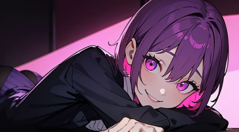 ((masterpiece, best quality)), Detailed face, character table, whole body, 1 girl, pink eyes, dark purple hair, short hair, ahoessy hair)), hair between eyes, Uniforms, cardigan shirt, black stockings, Smile, sick, dark, pink theme, pale skin, full of details, Various poses and expressions, Very detailed, depth, Many parts