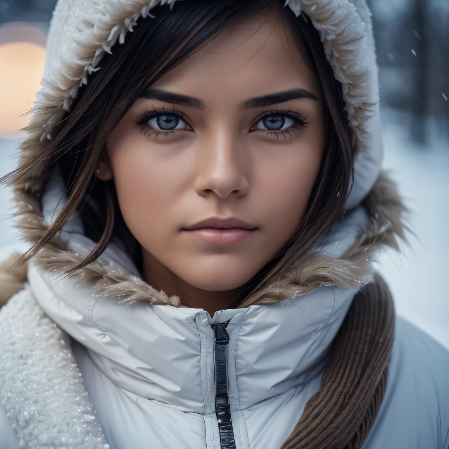 Isabel Merced, bob_cut hair, dressed like a eskimo in winter clothes, freezing cold, not pleased, grinding teeth, (skin texture:1.1), (high detail face:1.1), full bodyshot, high detail body, high detail clothes, (big breasts:1.3),(masterpiece), (realistic), ultra high definition, 4k, ultra high resolution, film grain, cinematic lighting, rim lighting, photo by Arny Freytag, RAW image