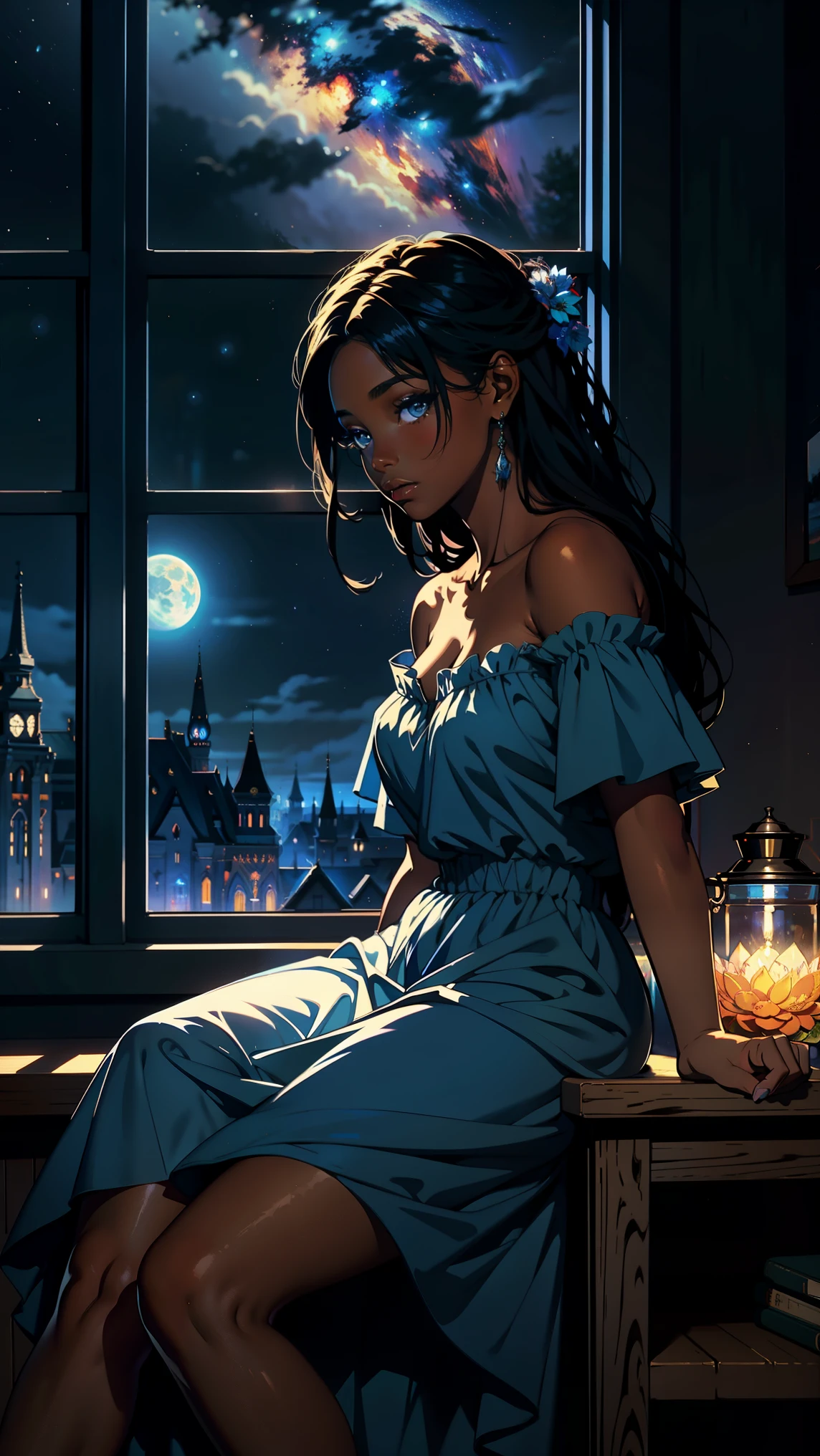 masterpiece, best quality, side profile of an extremely delicate and beautiful girl with dark skin, wearing an off the shoulder dress, resting on a windowsill, nightcore, world masterpiece theater, ultra-detailed, highly detailed, highres, extremely detailed,1girl with dark skin ,illustration, looking at the night sky, beautiful interior and exterior, impasto, canvas, oil painting, realistic, storybook style art, comfy atmosphere, very beautiful fantasy art, beautiful and elegant female celestial, beautiful detailed fantasy, blue color-theme