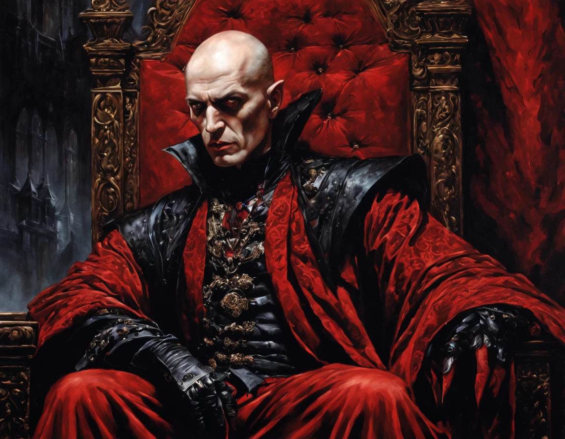 medieval vampire king close up portrait, he sits on a royal throne, dark red royal clothing, bald head, ominous oil painting, fierce and hungry looking, detailed, art by Brom, Luis Royo, and Michael Whelan, sinister, atmospheric, dynamic, dreadful and stunning portrait, a masterpiece, horror movie still frame, deep red, vibrant red color