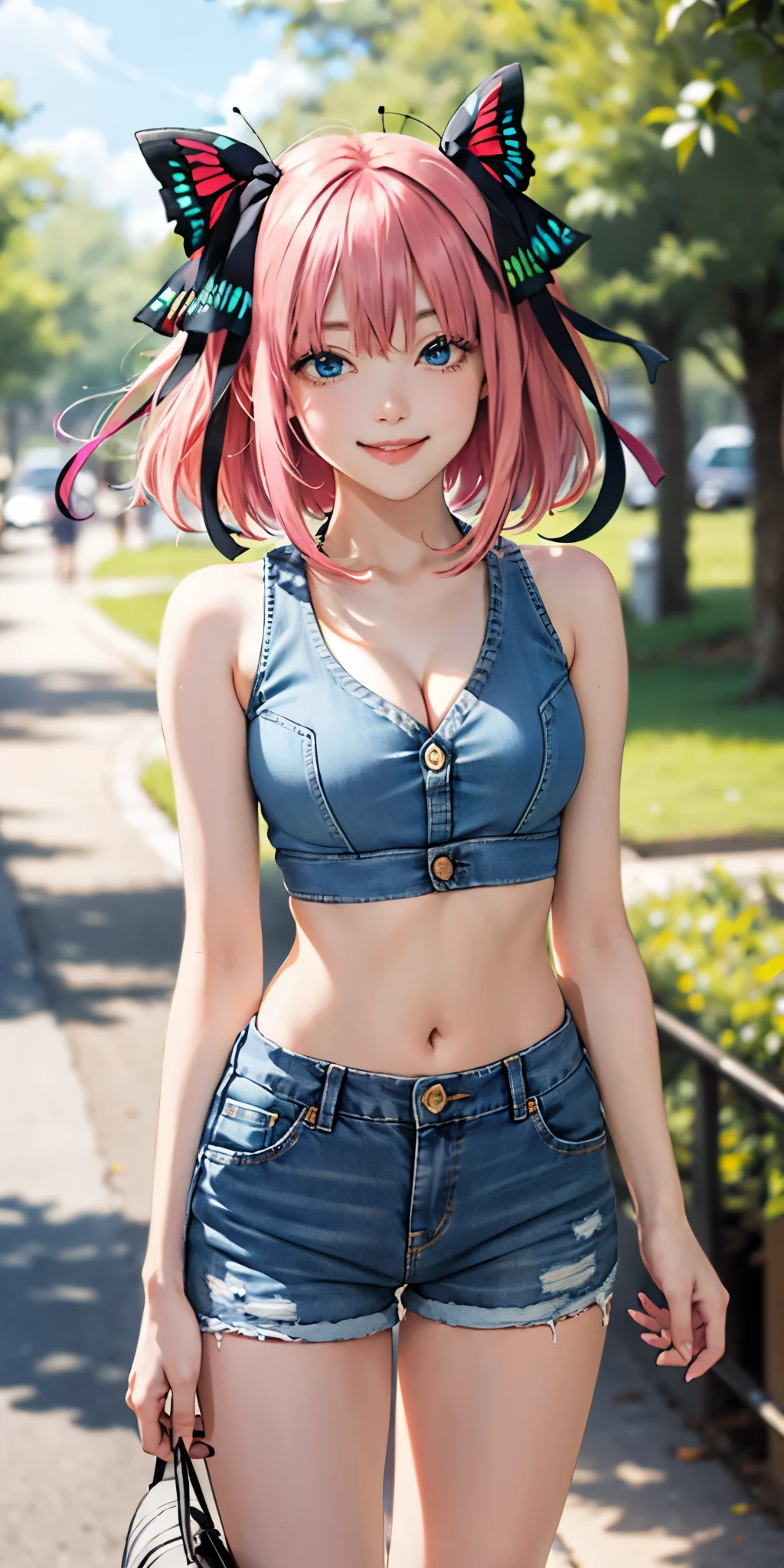 2d, masterpiece, best quality, anime, highly detailed, 1girl, solo, cowboy shot, nakano nino, pink hair, butterfly hair ornament, crop top , cleavage, Denim shorts , medium breasts, standing, school, outdoors, smile