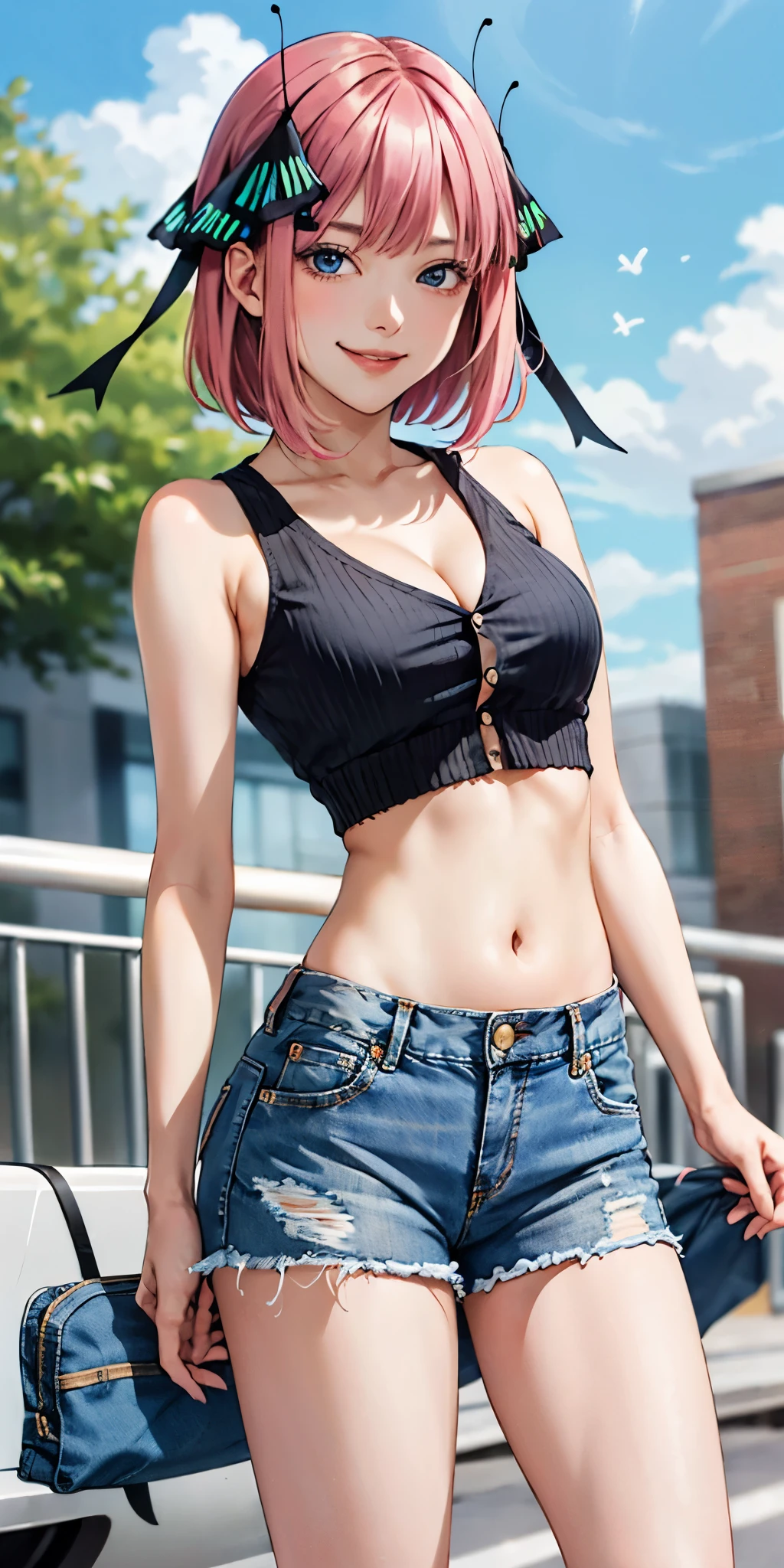 2d, masterpiece, best quality, anime, highly detailed, 1girl, solo, cowboy shot, nakano nino, pink hair, butterfly hair ornament, crop top , cleavage, Denim shorts , medium breasts, standing, school, outdoors, smile