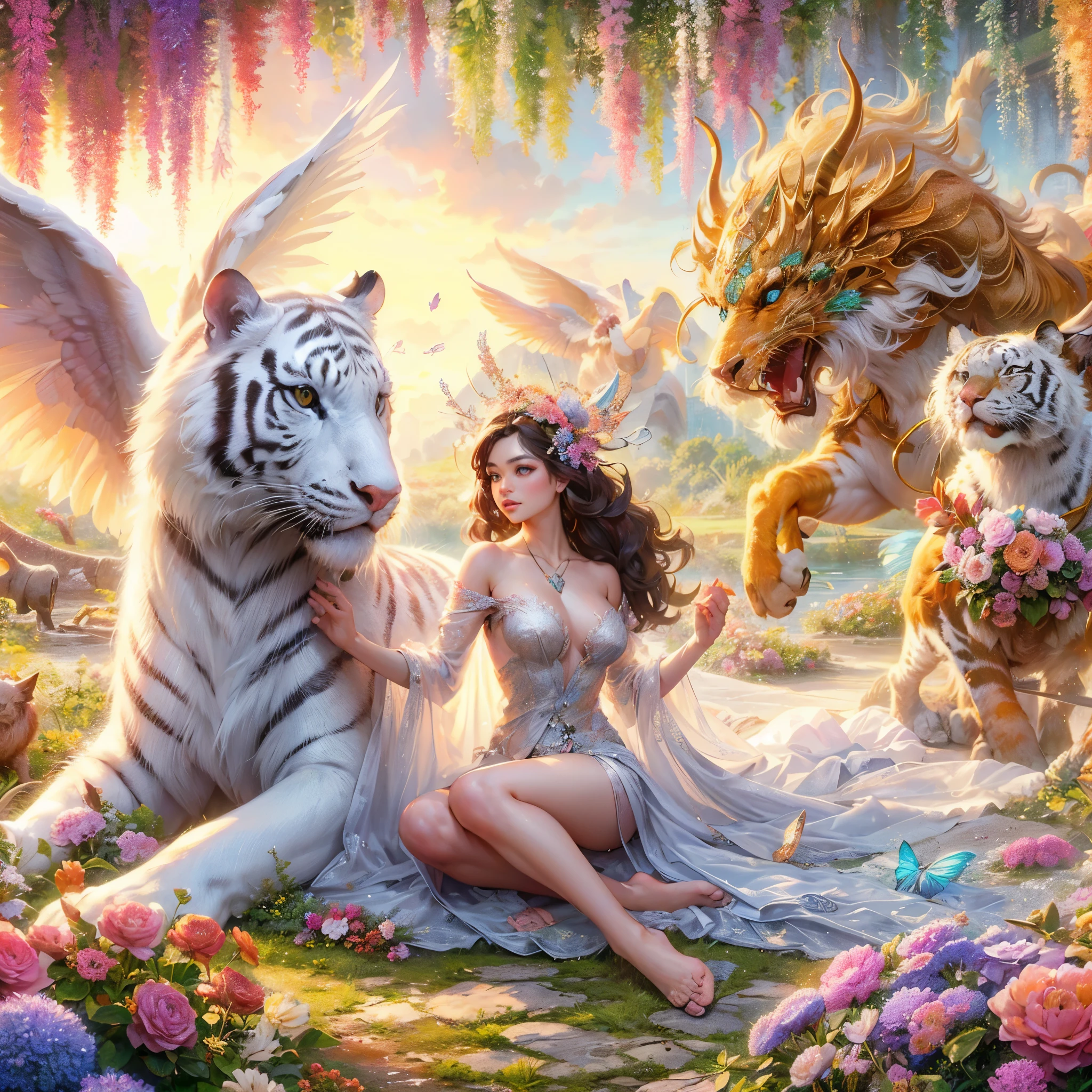 a woman sitting on a bed of flowers next to a white horse and white tiger, very beautiful fantasy art, beautiful fantasy art, beautiful fantasy painting, fantasy beautiful, beautiful detailed fantasy, beautiful art uhd 4 k, breathtaking fantasy art, beautiful fantasy, fantasy painting hd, amazing fantasy art, detailed fantasy digital art, hd fantasy art, digital art fantasy art, masterpiece, best quality:1.2),(8k,highres,RAW photo,realistic,photo-realistic:1.3),(detailed skin texture,detailed cloth texture,beautiful detailed face:1.25),professional lighting,photon mapping,beautiful soft light,radiosity,physically-based rendering,model shoot style, model shoot style, (extremely detailed CG unity 8k wallpaper), full shot body photo of the most beautiful artwork in the world, complex 3d render ultra detailed, looking at viewer, 18 yo, wet hair, real human skin, vibrant details, hyperrealistic, beautiful, octane render, an extremely delicate and beautiful, extremely detailed ,CG ,unity ,wallpaper,Amazing, finely detail,official art,extreme detailed eyes, (perfect face), shiny skin, colorful, highest detailed, vibrant colors, ultra high res, (high contrast), intricate, lens flare, (((nsfw))), (((nipples)))