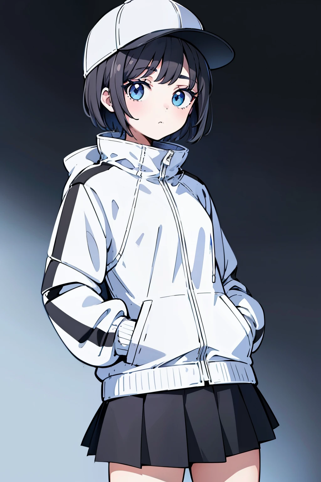 1girl, solo, blue eyes, (detailed eyes), flat chest, ((short hair)), black hair, (baseball hat), white cap, (waterproof jacket), large jacket, (white jacket), skirt, black skirt, black socks, standing, (hands in pockets), ((Closed sweater)), upper body, (white background), Transparent background, looking at viewe, ((masterpiece, illustration, best quality)) 