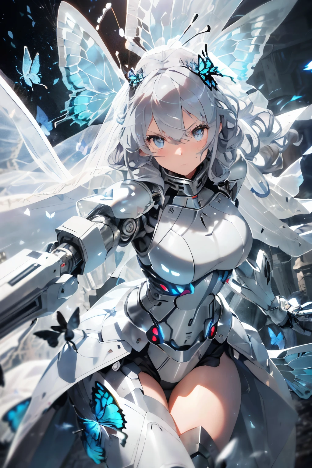 (gray hair:1.2),(light blue eyes:1.3),(long hair with a lot of hair:1.2),(Fluffy curly hair:1.2),(With bangs),blush,(pure white armored suit:1.35),(Feminized armored suit:1.4),(Smooth body lines:1.3),(My chest is sticking out:1.25),(the whole body is covered with machines:1.3),(mechanical arm with wide cuffs:1.4),(Wires are coming out from everywhere),(Oversized launchers and rifles:1.35),(Running dashingly across the battlefield:1.2),(Fighting lightly with a weapon:1.25),(transparent butterfly wings:1.35),(angel ring:1.2),(wedding veil fluttering in the wind:1.3),(eye size:1.7),(Her eyes are sparkling:1.3),(active movement:1.4),(battle:1.4),