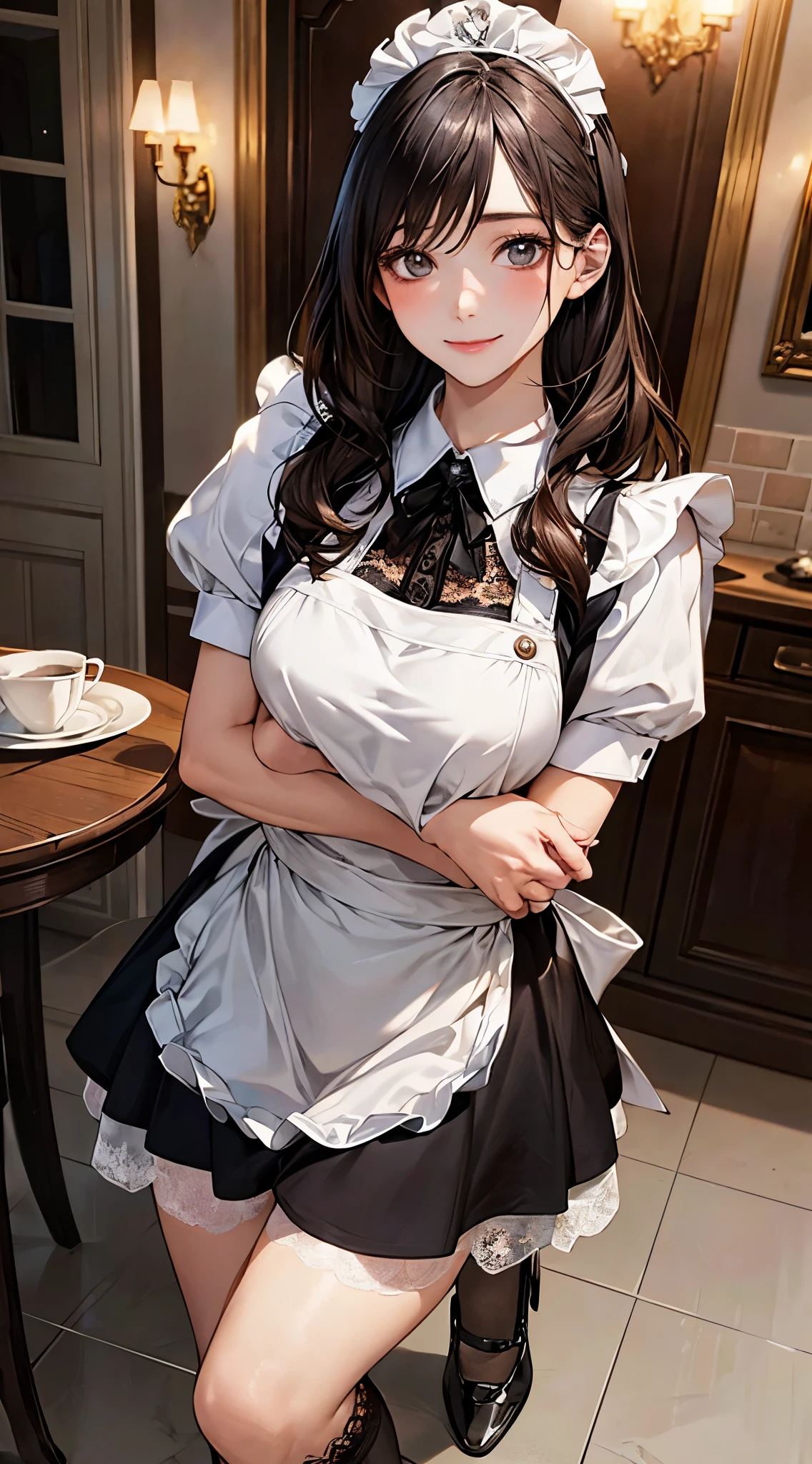 (masterpiece:1.2, top-quality), (realistic, photorealistic:1.4), beautiful illustration, (natural side lighting, movie lighting), 
looking at viewer, cowboy shot, front view:0.6, 1 girl, japanese, maid, perfect face, cute and symmetrical face, shiny skin, 
(long hair:1.8, wavy hair:1.6, black hair), asymmetrical bangs, grey eyes, long eyelasher, (large breasts:0.9, thick thighs), 
beautiful hair, beautiful face, beautiful detailed eyes, beautiful clavicle, beautiful body, beautiful chest, beautiful thigh, beautiful legs, beautiful fingers, 
(({maid dress | pinafore dress}, maid headdress, maid shoes, laced formal socks)), white panties, 
(beautiful scenery), {day|night}, {kitchen room | dining room | living room}, standing, {hands on chest | hands between legs}, (lovely smile, upper eyes), 