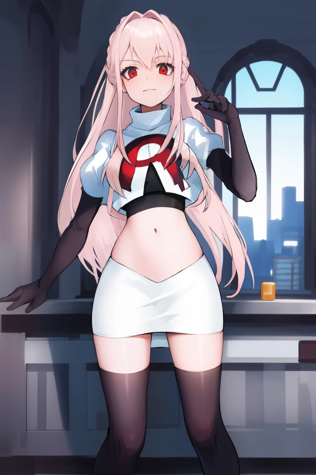 Masterpiece, Detailed, High quality, (absurdist), High Sharpness, High resolution, maiddoll, 1girls, Solo, light pink hair,team rocket,team rocket uniform, red letter R, white skirt,white crop top,black thigh-highs, black elbow gloves,