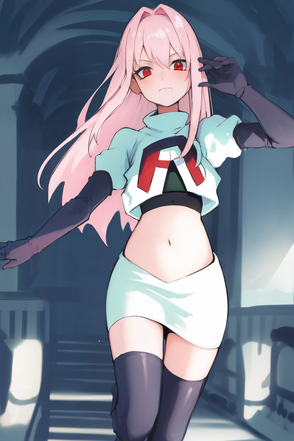 Masterpiece, Detailed, High quality, (absurdist), High Sharpness, High resolution, maiddoll, 1girls, Solo, light pink hair,team rocket,team rocket uniform, red letter R, white skirt,white crop top,black thigh-highs, black elbow gloves,