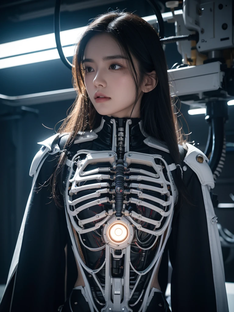 1 white mechanical girl, long hair, ((Extraordinarily realistic details)), Portrait, world class illumination, shadow, Octane rendering, 8ก, Ultra Sharp, white metal,complicated, detailed jewelry, cool colors, highly complicated details, realistic light, Trending in cgsociety, shining eyes, beautiful face, Clear face, Double eyelids, Pose as a model, Stand facing the camera., neon details, mechanical limbs, blood vessels connected to tubes,A mechanical spine is attached to the back., Wires and cables connected to the body, Highly detailed, เทคโนโลยีจากFuture World, Future World, Alien Technology, spacecraft, Advanced alien world, State-of-the-art technology