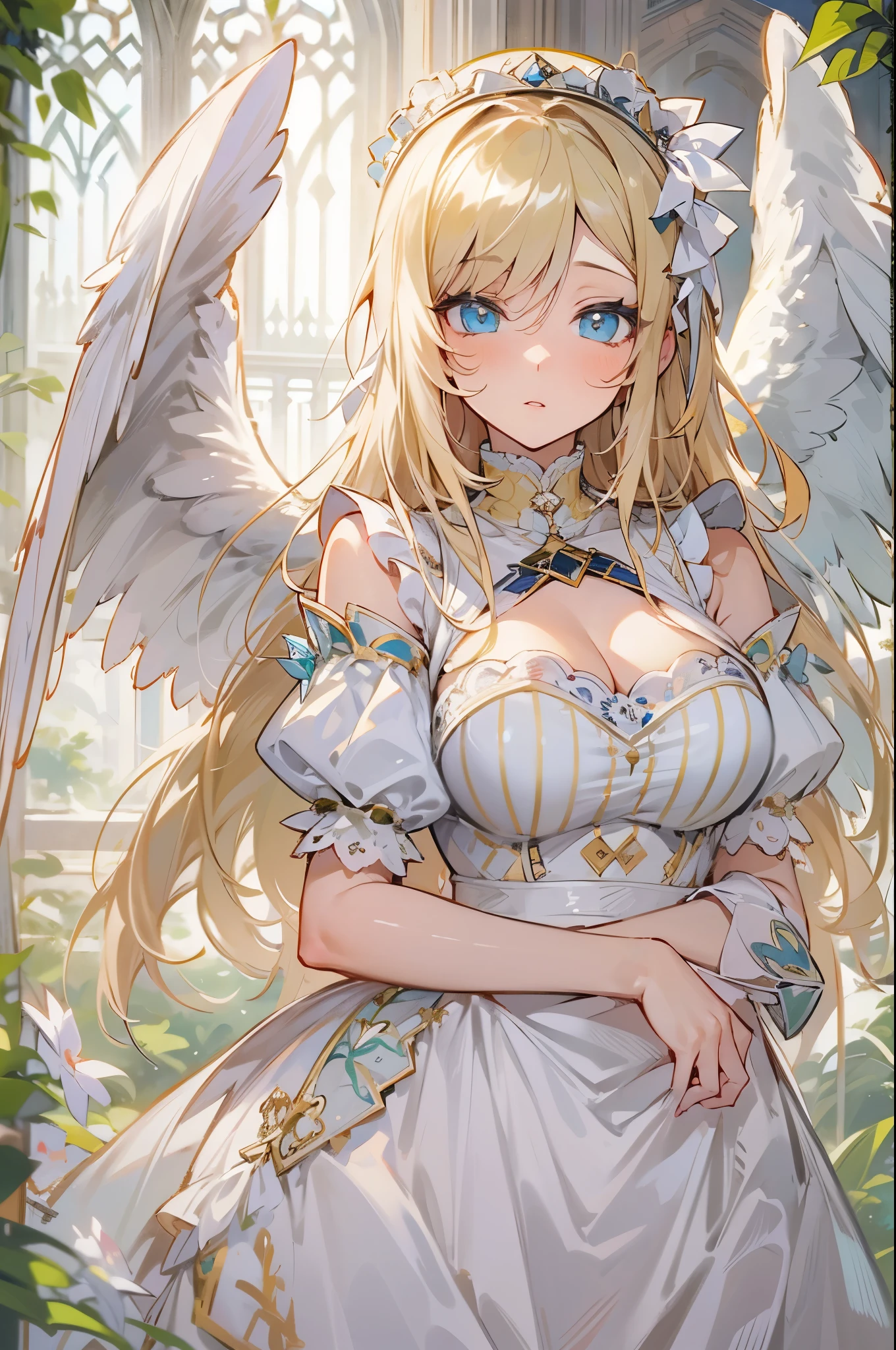 masterpiece, Hyper quality, Hyper detailed, perfect picture, alone, beauty, 1 girl, maid costume, Angel Wings,  alone, Peaceful look, long blonde hair, enchanting eyes, ridiculously large breasts, shiny skin, church