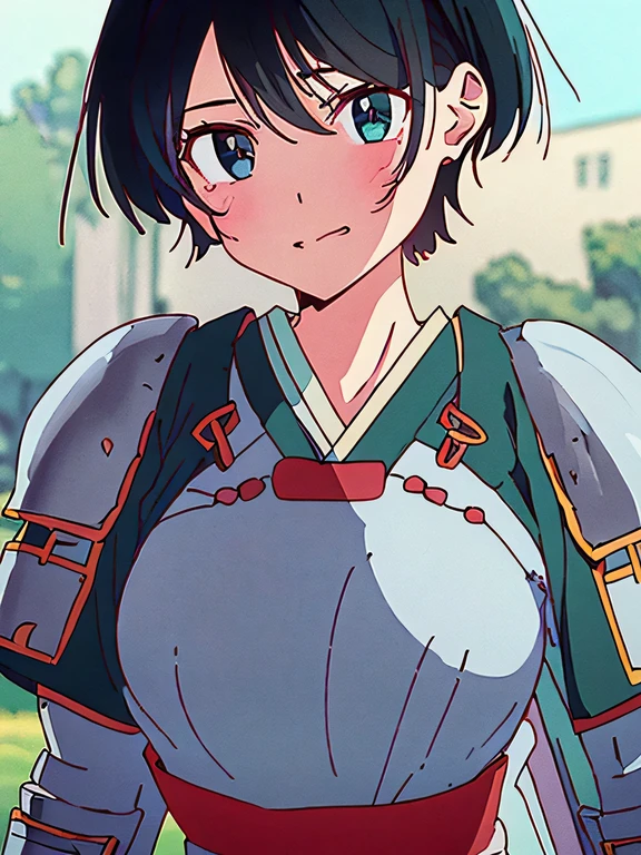 Masterpiece, hyper detailed, 1girl, teen , smiley face, freckles, wide forehead, big eyes, green eyes, short bowl haircut, brown hair BREAK very intricate detailed medieval armor shiny with big shoulder defense, no helmet BREAK standing in middle camomile plain, butterfly's flying around, sunny day, ((big boobs))