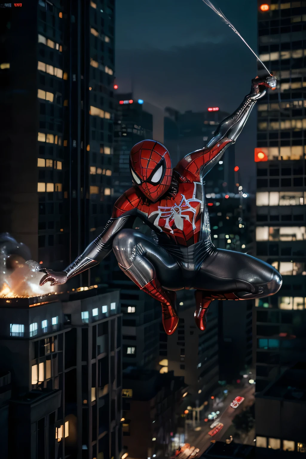 (homem Aranha, Roupa prateada, jumping from a burning building, hyperrealista),(melhor qualidade,4k,8k,high resolution,obra de arte:1.2),ultra-detalhado,(realista,photorealista,photo-realista:1.37),Action, intenso, Super heroi, Urbano, paisagem urbana, dramatic lighting, sombras, sparks, smoke, Dynamic Posture, acrobatic, Tall building, sky scraper, teias de prata, adrenalina, perigo, bravura, desfoque de movimento, cores vibrantes, estilo de quadrinhos