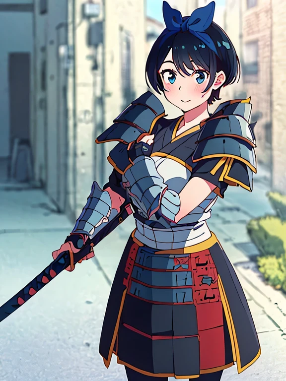 (Best quality:1.5), Highres, Masterpiece, Detailed, Ultra-detailed digital anime art, clear face depiction, top quality colours, (((masterpiece, best quality, high res, UHD, perfect pixel, depth of field, 4k, RTX, HDR))), Anime Style, Soft Line Art, Digital Enhancement, beautiful anime girl, beautiful art style, anime character, 1 girl, short hair, black hair, standing, ((((a girl wearing samurai full armour)))), holding katana at hand, samurai katana pose, hair between eyes, clear eyes, beautiful eyes, anime mouth, beautiful anime smile, ((detailed eyes, anime-style eyes, beautiful eyes))