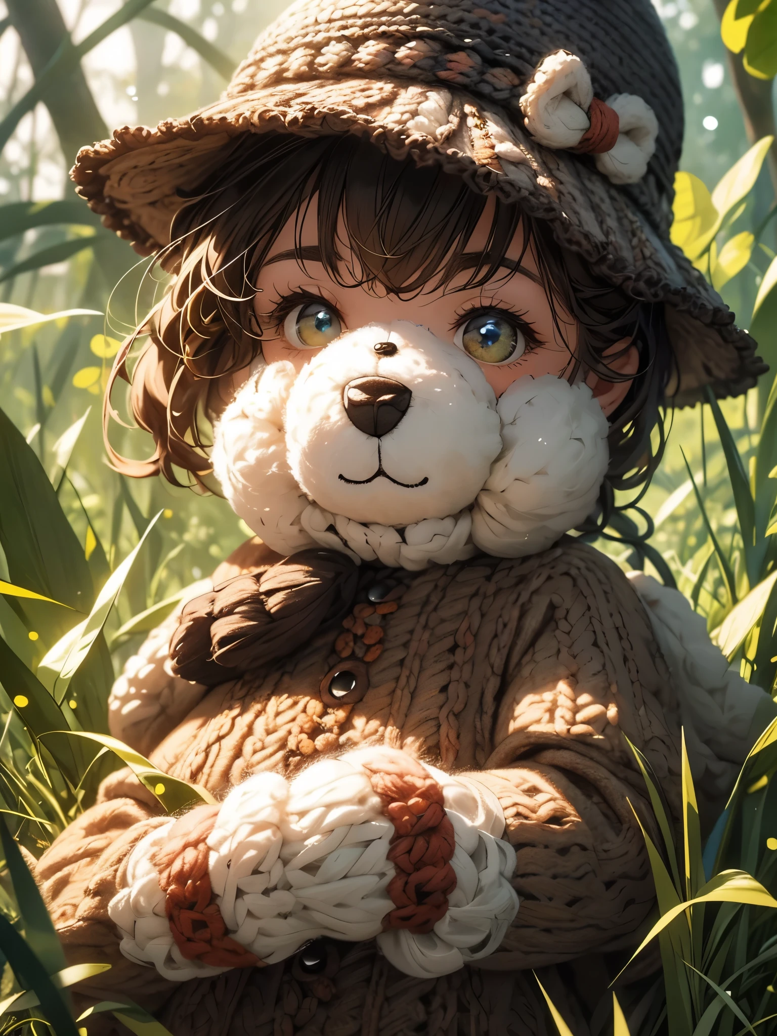 Knitted toy bear, small anthropomorphic animal, in a hat and antique clothes of the 17th century, macro photography in thick grass, dew drops reflecting the environment, super detailed toy, you can see every wool on the toy, you can see every shrvcik on the clothes, dragging all your things on itself, cute animal, cute toy,