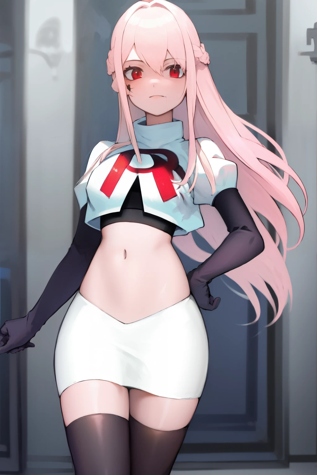 Masterpiece, Detailed, High quality, (absurdist), High Sharpness, High resolution, maiddoll, 1girls, Solo, light pink hair,team rocket,team rocket uniform, red letter R, white skirt,white crop top,black thigh-highs, black elbow gloves,