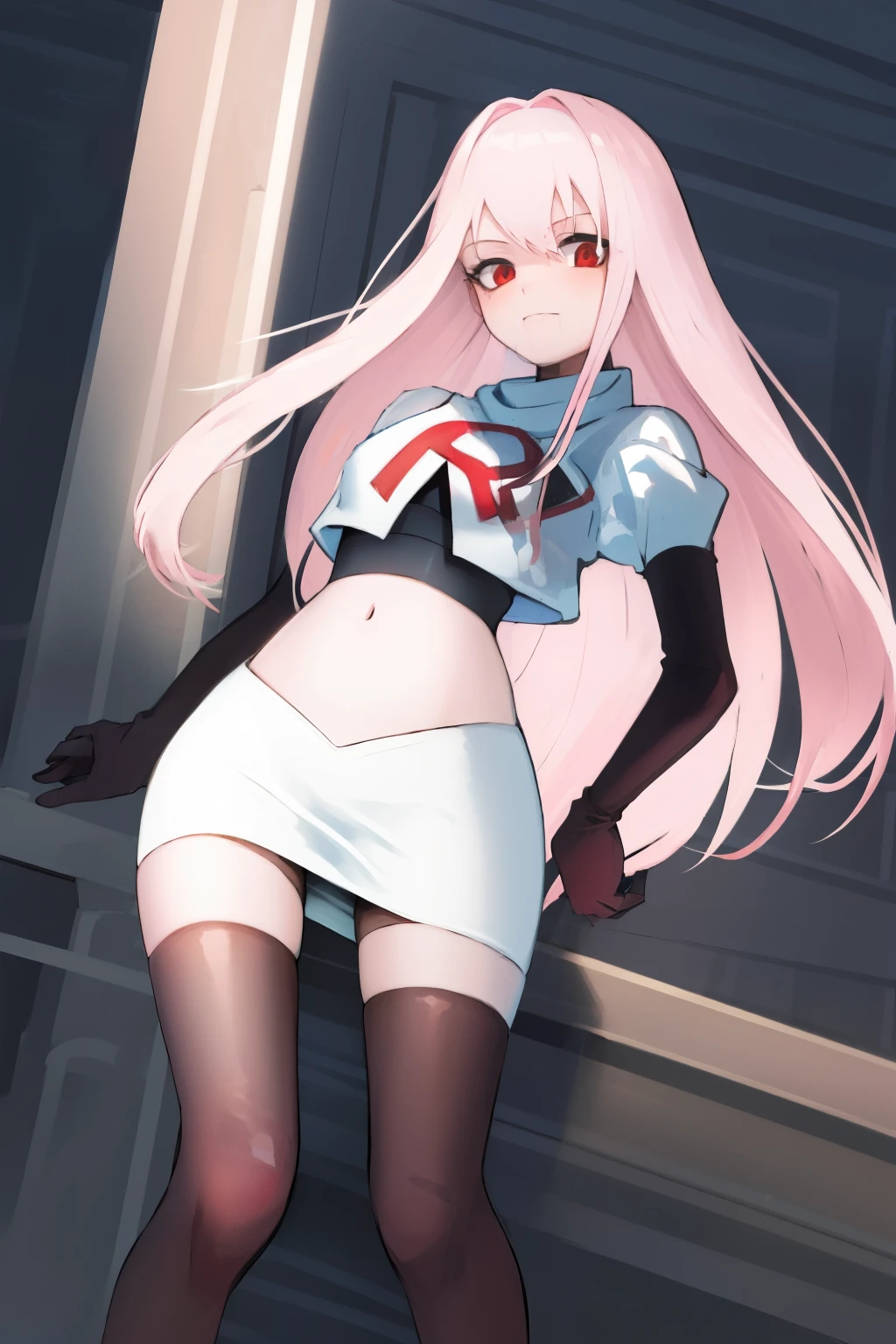 Masterpiece, Detailed, High quality, (absurdist), High Sharpness, High resolution, maiddoll, 1girls, Solo, light pink hair,team rocket,team rocket uniform, red letter R, white skirt,white crop top,black thigh-highs, black elbow gloves,