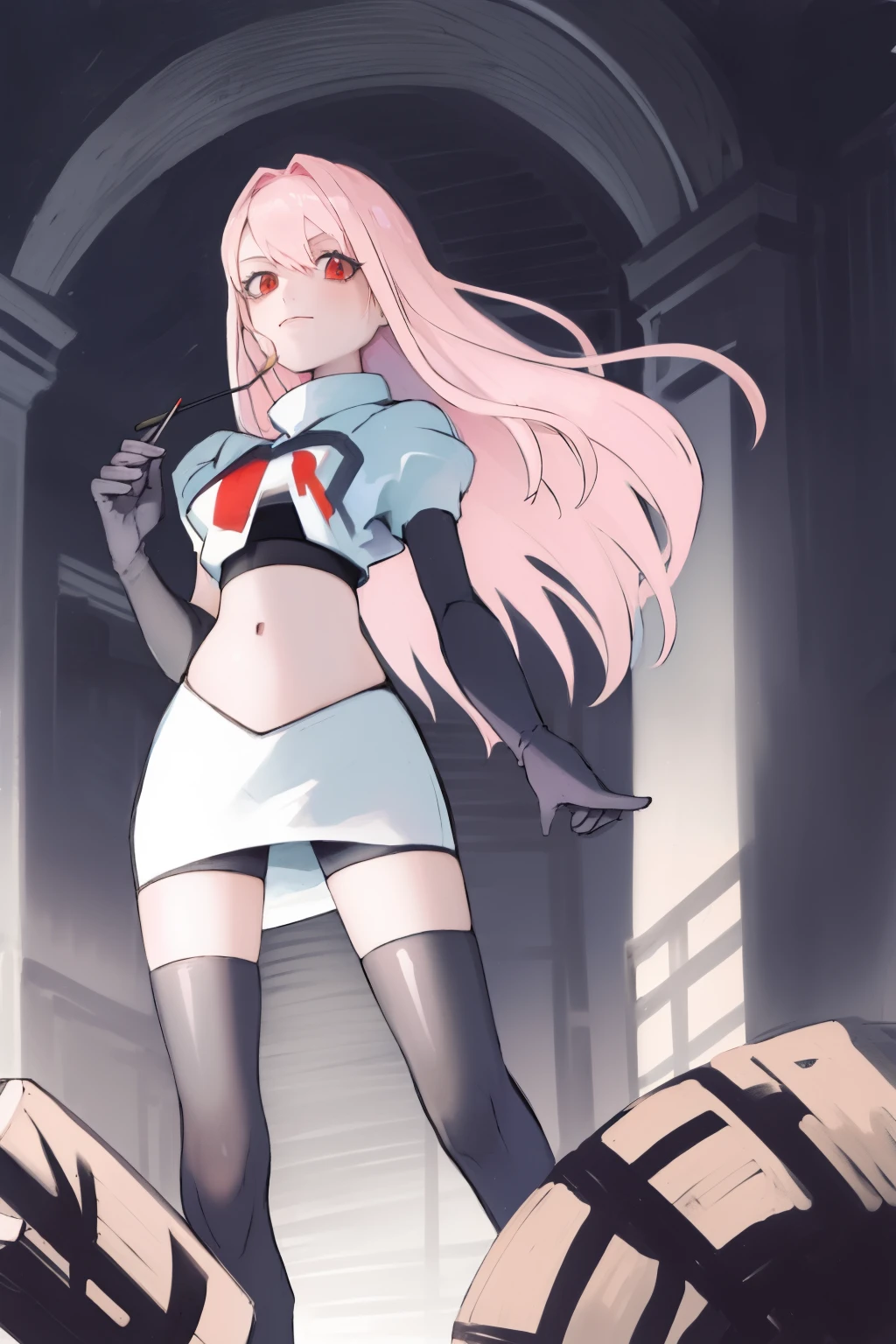 Masterpiece, Detailed, High quality, (absurdist), High Sharpness, High resolution, maiddoll, 1girls, Solo, light pink hair,team rocket,team rocket uniform, red letter R, white skirt,white crop top,black thigh-highs, black elbow gloves,