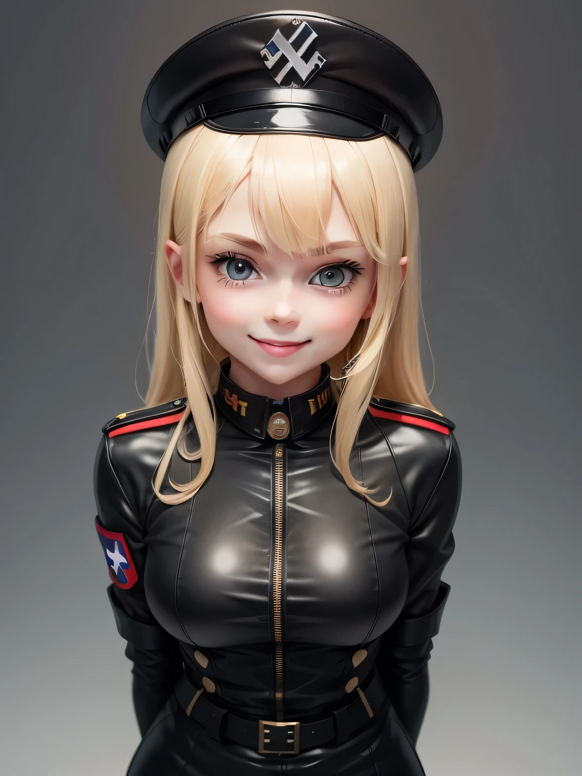 a cute girl, wearing a nazi black leather uniform, military hat, blonde, sadistic smile, an anime illustration of her face, animated gifs, hand-drawn animation, charming sketches, soft and bright, hazy romanticism, no chest, superplane style, full figure, whte background 1:1--niji 5--expressive style