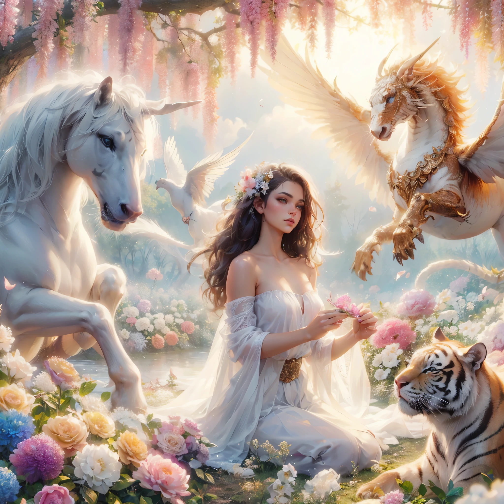 a woman sitting on a bed of flowers next to a white horse and white tiger, very beautiful fantasy art, beautiful fantasy art, beautiful fantasy painting, fantasy beautiful, beautiful detailed fantasy, beautiful art uhd 4 k, breathtaking fantasy art, beautiful fantasy, fantasy painting hd, amazing fantasy art, detailed fantasy digital art, hd fantasy art, digital art fantasy art, masterpiece, best quality:1.2),(8k,highres,RAW photo,realistic,photo-realistic:1.3),(detailed skin texture,detailed cloth texture,beautiful detailed face:1.25),professional lighting,photon mapping,beautiful soft light,radiosity,physically-based rendering,model shoot style, model shoot style, (extremely detailed CG unity 8k wallpaper), full shot body photo of the most beautiful artwork in the world, complex 3d render ultra detailed, looking at viewer, 18 yo, wet hair, real human skin, vibrant details, hyperrealistic, beautiful, octane render, an extremely delicate and beautiful, extremely detailed ,CG ,unity ,wallpaper,Amazing, finely detail,official art,extreme detailed eyes, (perfect face), shiny skin, colorful, highest detailed, vibrant colors, ultra high res, (high contrast), intricate, lens flare, (((nsfw))), (((nipples)))