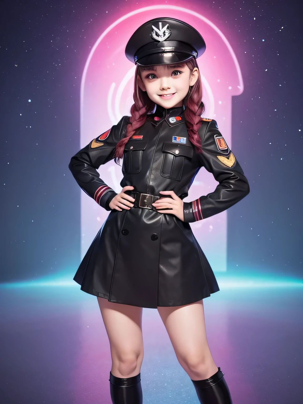 a cute girl, wearing a nazi leather uniform, military hat, sadistic smile, in the style of the soft aurorapunk color palette, an anime illustration of her face, animated gifs, hand-drawn animation, charming sketches, soft and bright, hazy romanticism, superplane style, full figure, whte background 1:1--niji 5--expressive style