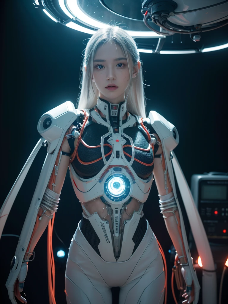 1 white mechanical girl, long hair, ((Extraordinarily realistic details)), Portrait, world class illumination, shadow, Octane rendering, 8ก, Ultra Sharp, white metal,complicated, detailed jewelry, cool colors, highly complicated details, realistic light, Trending in cgsociety, shining eyes, beautiful face, Clear face, Double eyelids, Pose as a model, Stand facing the camera., neon details, mechanical limbs, blood vessels connected to tubes, Wires and cables connected to the body, Highly detailed, เทคโนโลยีจากFuture World, Future World, Alien Technology, spacecraft, Advanced alien world, State-of-the-art technology