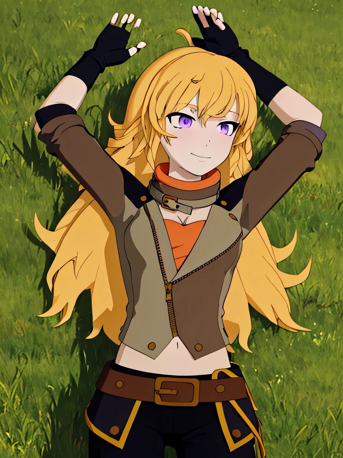 ((masterpiece,best quality)), 
Yang_RWBY,  1girl, solo, yellow hair, long hair, purple eyes, 
ahoge, mechanical arm, closed_mouth, spread arms, arms up, cowboy shot, smile, on back, on grass,
 belt, pants, jacket, fingerless gloves, 
solo,
