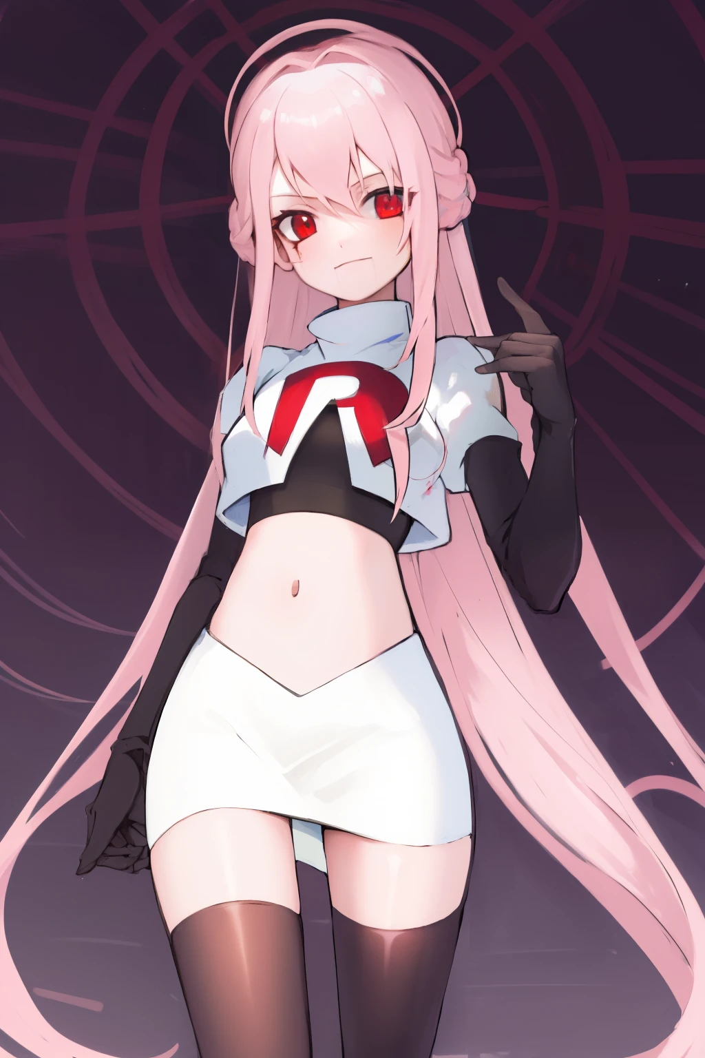 Masterpiece, Detailed, High quality, (absurdist), High Sharpness, High resolution, maiddoll, 1girls, Solo, light pink hair,team rocket,team rocket uniform, red letter R, white skirt,white crop top,black thigh-highs, black elbow gloves,