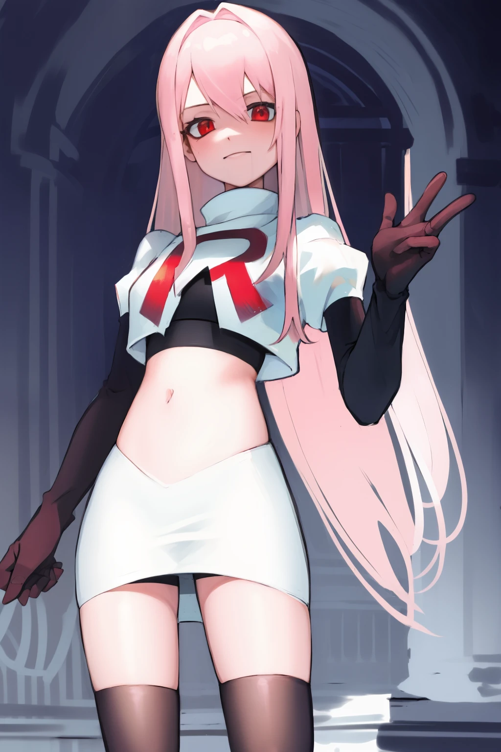 Masterpiece, Detailed, High quality, (absurdist), High Sharpness, High resolution, maiddoll, 1girls, Solo, light pink hair,team rocket,team rocket uniform, red letter R, white skirt,white crop top,black thigh-highs, black elbow gloves,