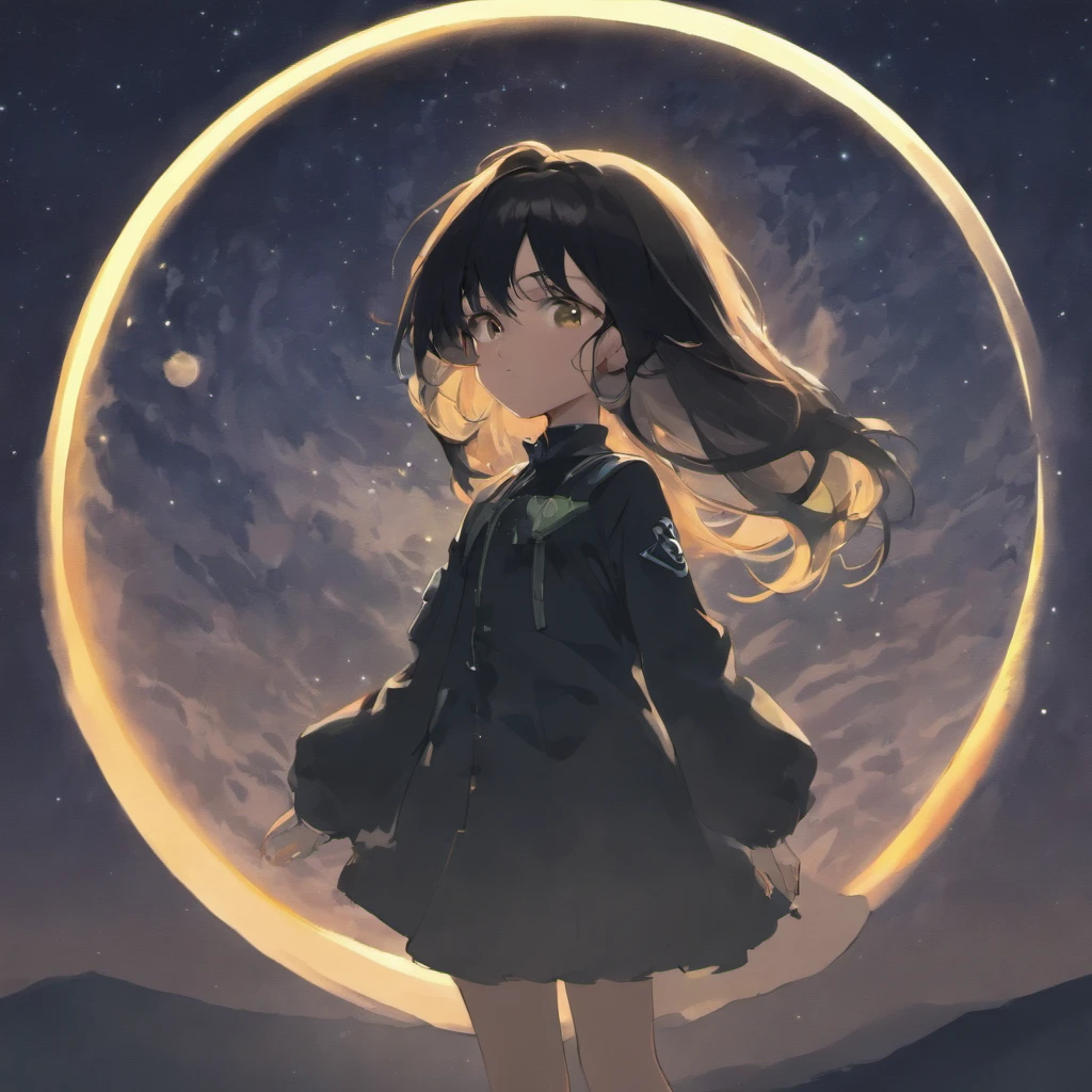 Silhouette of a girl with long black hair without bangs standing on the moon。 design。what color do you use??3Color only。White,,green,Blanche、verdant。primary color,Express the meaning of energy gathering,The meaning of energy convergence,cheerful atmosphere,Brought a puppy