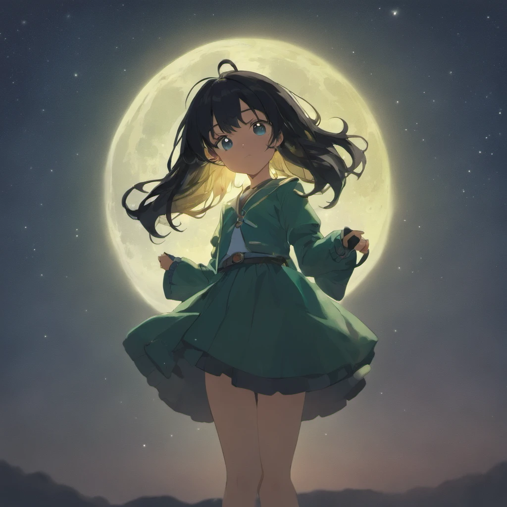 Silhouette of a girl with long black hair without bangs standing on the moon。 design。what color do you use??３Color only。White，，green，Blanche、verdant。primary color，Express the meaning of energy gathering，The meaning of energy convergence，cheerful atmosphere，Brought a puppy
