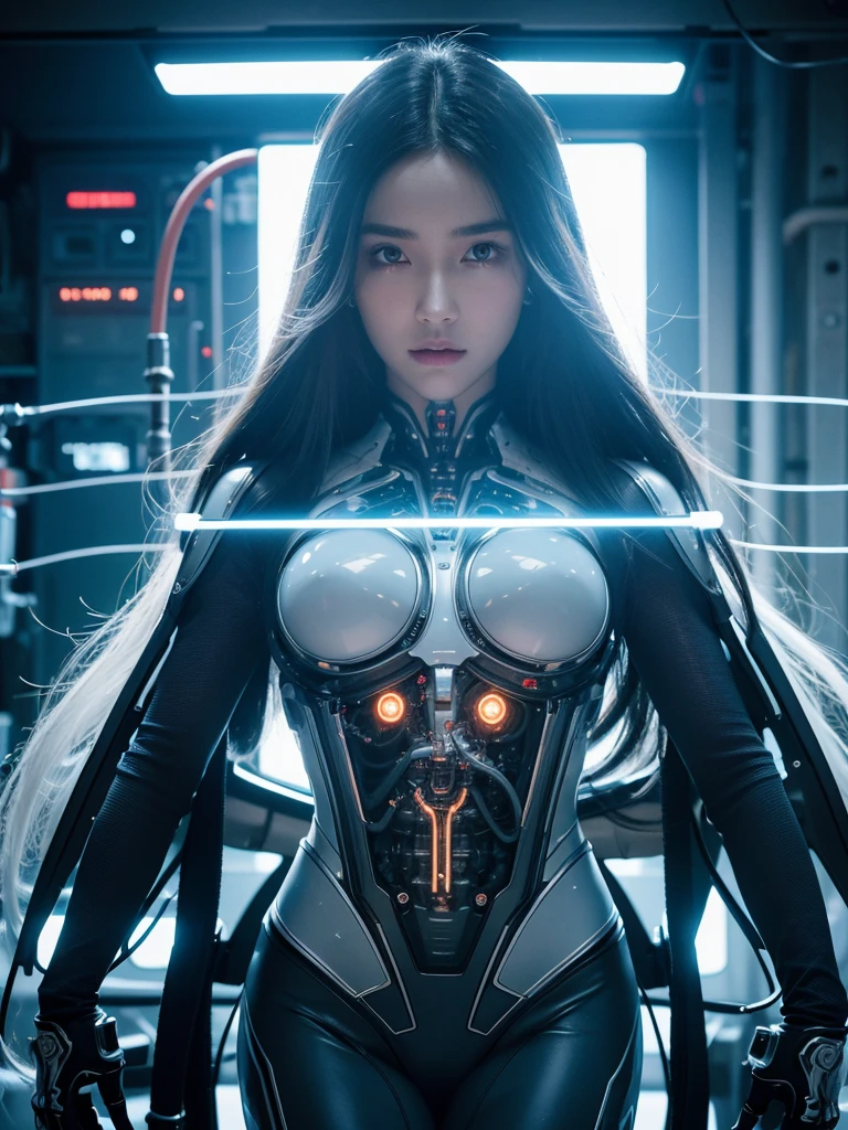 1 white mechanical girl, long hair, big breasts, ((Extraordinarily realistic details)), Portrait, world class illumination, shadow, Octane rendering, 8ก, Ultra Sharp, white metal,complicated, detailed jewelry, cool colors, highly complicated details, realistic light, Trending in cgsociety, shining eyes, beautiful face, Clear face, Double eyelids, Pose as a model, Stand facing the camera., neon details, mechanical limbs, blood vessels connected to tubes, Wires and cables connected to the body, Highly detailed, เทคโนโลยีจากFuture World, Future World, Alien Technology, spacecraft, Advanced alien world, State-of-the-art technology
